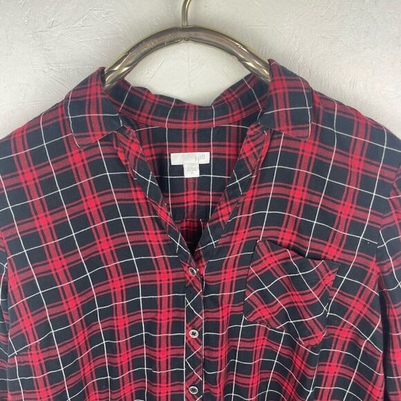 J. Jill Red Black Checkered‎ Long Line Flannel Button Up Shirt Size M - Picture 7 of 8